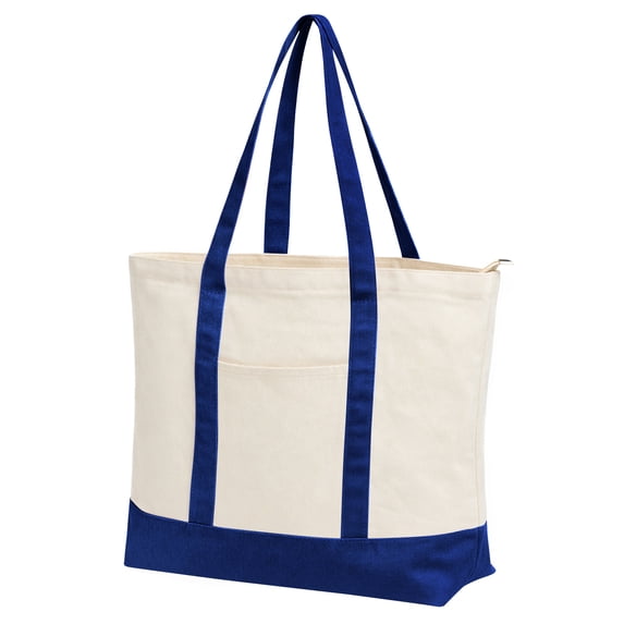 Muka Canvas Tote Bags with an External Pocket, Top Zipper Closure Reusable Grocery Shopping Bag-Natural / Royal Blue