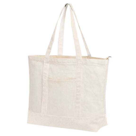 Muka Canvas Tote Bags with an External Pocket, Top Zipper Closure Reusable Grocery Shopping Bag-Natural