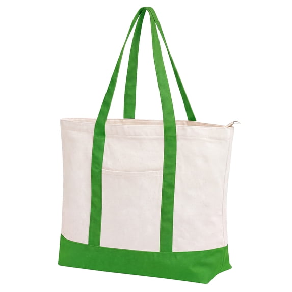 Muka Canvas Tote Bags with an External Pocket, Zipper Closure Reusable Grocery Shopping Bag-Natural / Apple Green