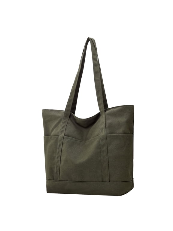 Large Canvas Tote Bag with Multiple Pockets, 16oz Heavy Duty Zipper Shoulder Bag (Army Green)