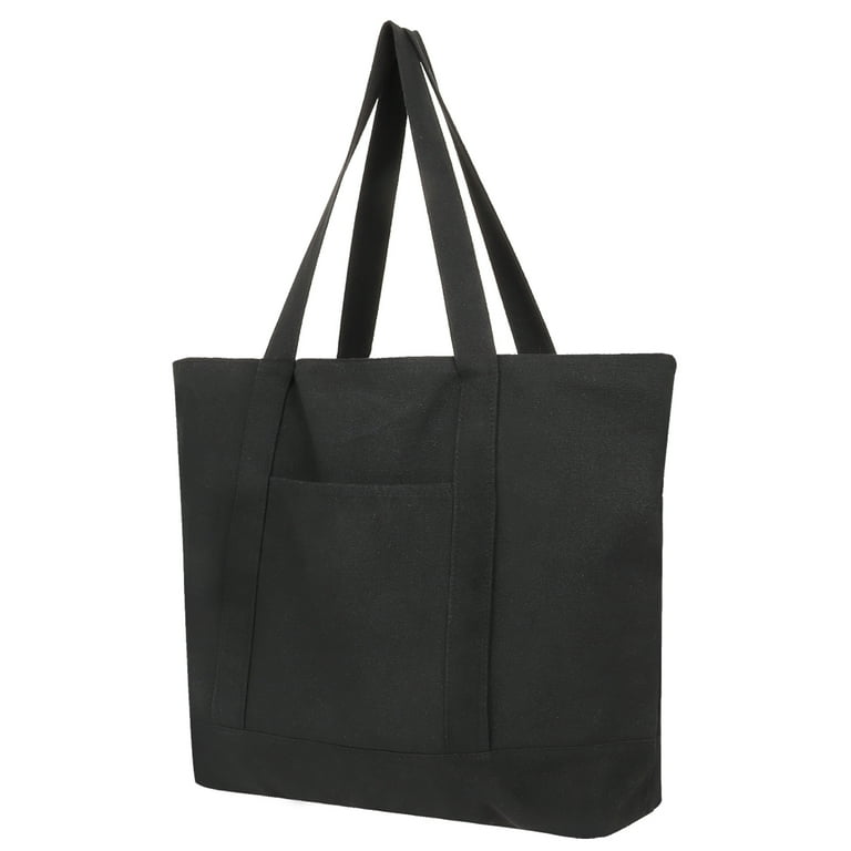 Muka Large Canvas Tote Bag with Outer & Inner Pocket, 21.5 x 16 x 6 Inch  Black Grocery Shopping Bag