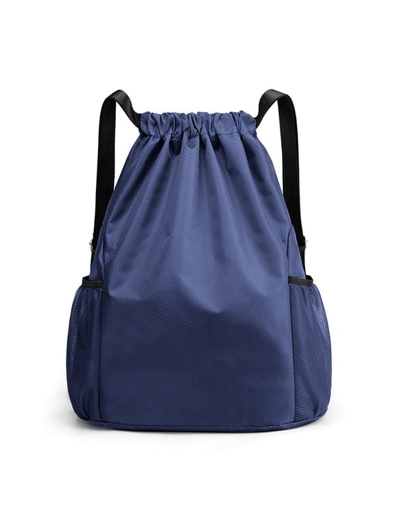 Large Gym Drawstring Backpack Water Resistant String Bags with Widen Straps-Navy Blue
