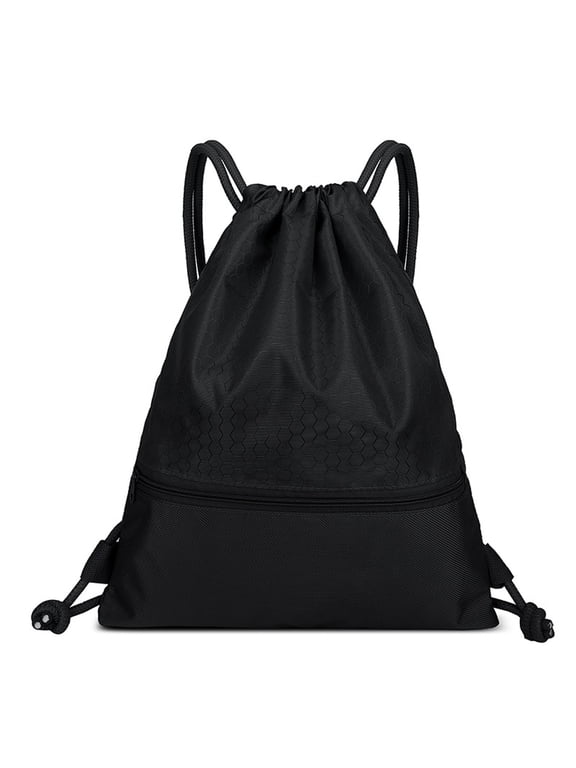 Nylon Waterproof Drawstring Backpack Gym Sack Cinch Bags with Pockets, Unisex String Sports School Bag-Black-L