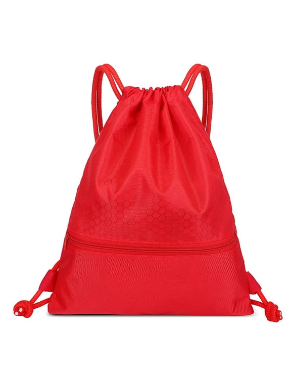 Nylon Waterproof Drawstring Backpack Gym Sack Cinch Bags with Pockets, Unisex String Sports School Bag-Red-L