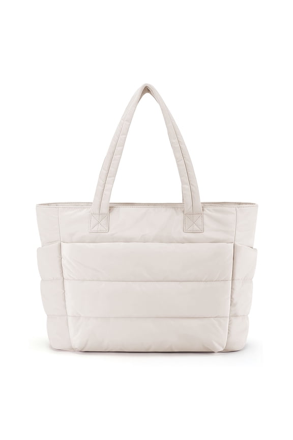 Puffy Tote Bag with Compartments, Quilted Shoulder Bag Handbag for Travel, Work, Gym-Beige