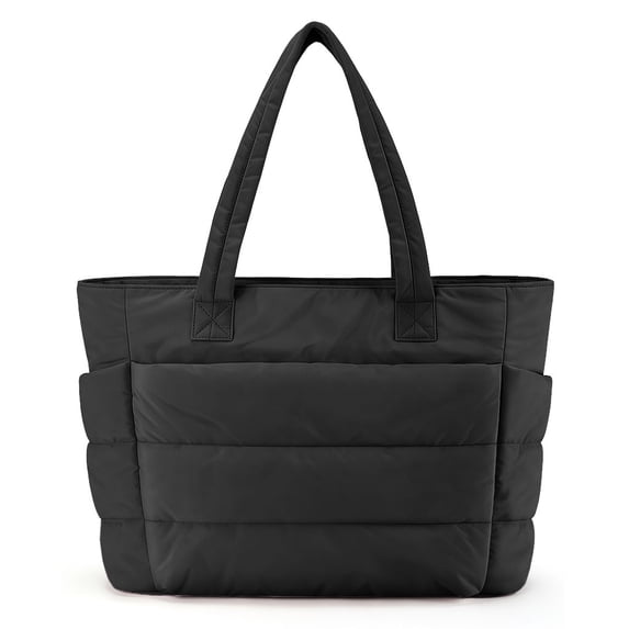 Muka Puffy Tote Bag with Compartments, Quilted Shoulder Bag Handbag for Travel, Work, Gym-Black