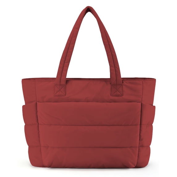 Muka Puffy Tote Bag with Compartments, Quilted Shoulder Bag Handbag for Travel, Work, Gym-Burgundy