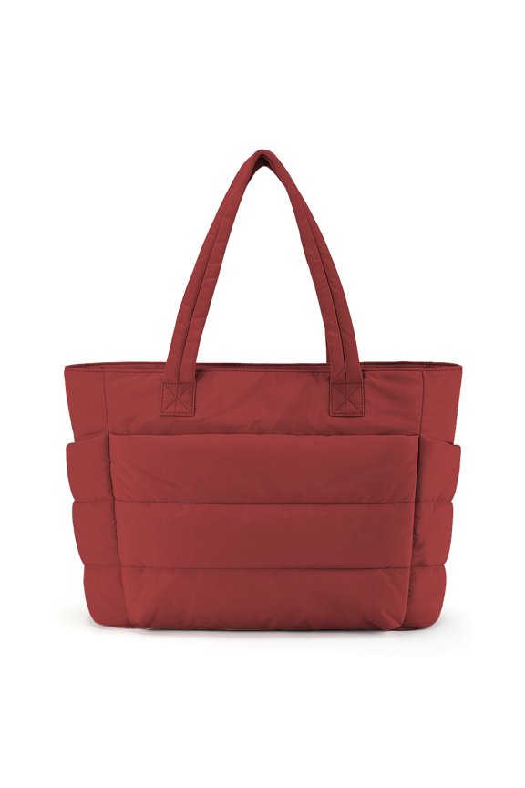 Puffy Tote Bag with Compartments, Quilted Shoulder Bag Handbag for Travel, Work, Gym-Burgundy