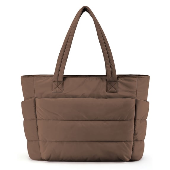 Muka Puffy Tote Bag with Compartments, Quilted Shoulder Bag Handbag for Travel, Work, Gym-Coffee