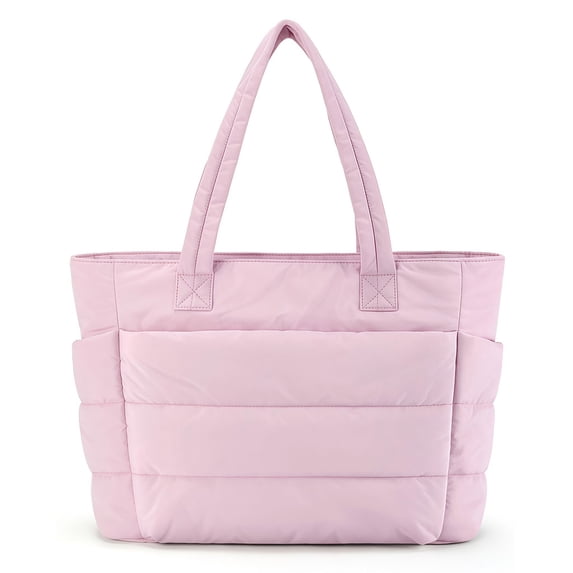 Muka Puffy Tote Bag with Compartments, Quilted Shoulder Bag Handbag for Travel, Work, Gym-Pink