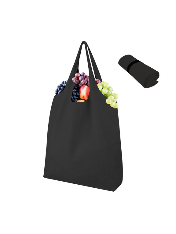 Roll-Up Tote Bag with Inner Pockets and Elastic Band, Black Cotton Canvas Grocery Bag