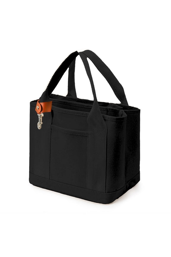 Small Canvas Tote Bag with Lobster Clasp, Multi-Pocket Cotton Tote Bag-Black