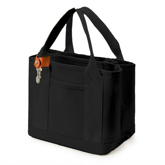 Muka Small Canvas Tote Bag with Lobster Clasp, Multi-Pocket Cotton Tote Bag-Black