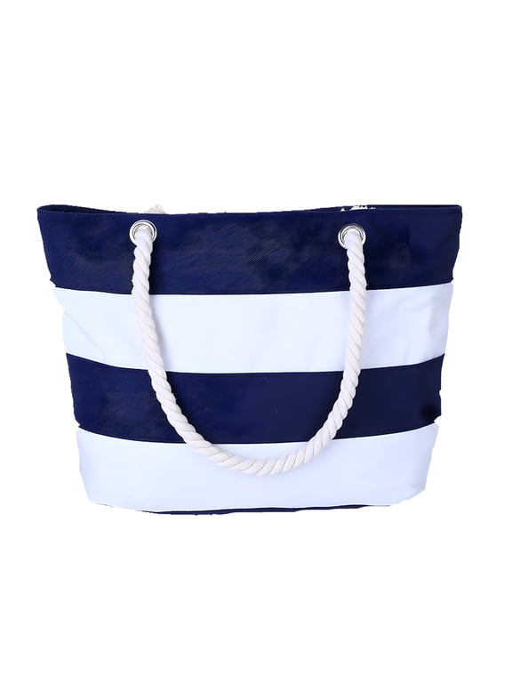 Women Striped Canvas Tote Shoulder Beach Bag with Inner Zipper Pocket and Rope Handle for Travel, Shopping-Blue/White
