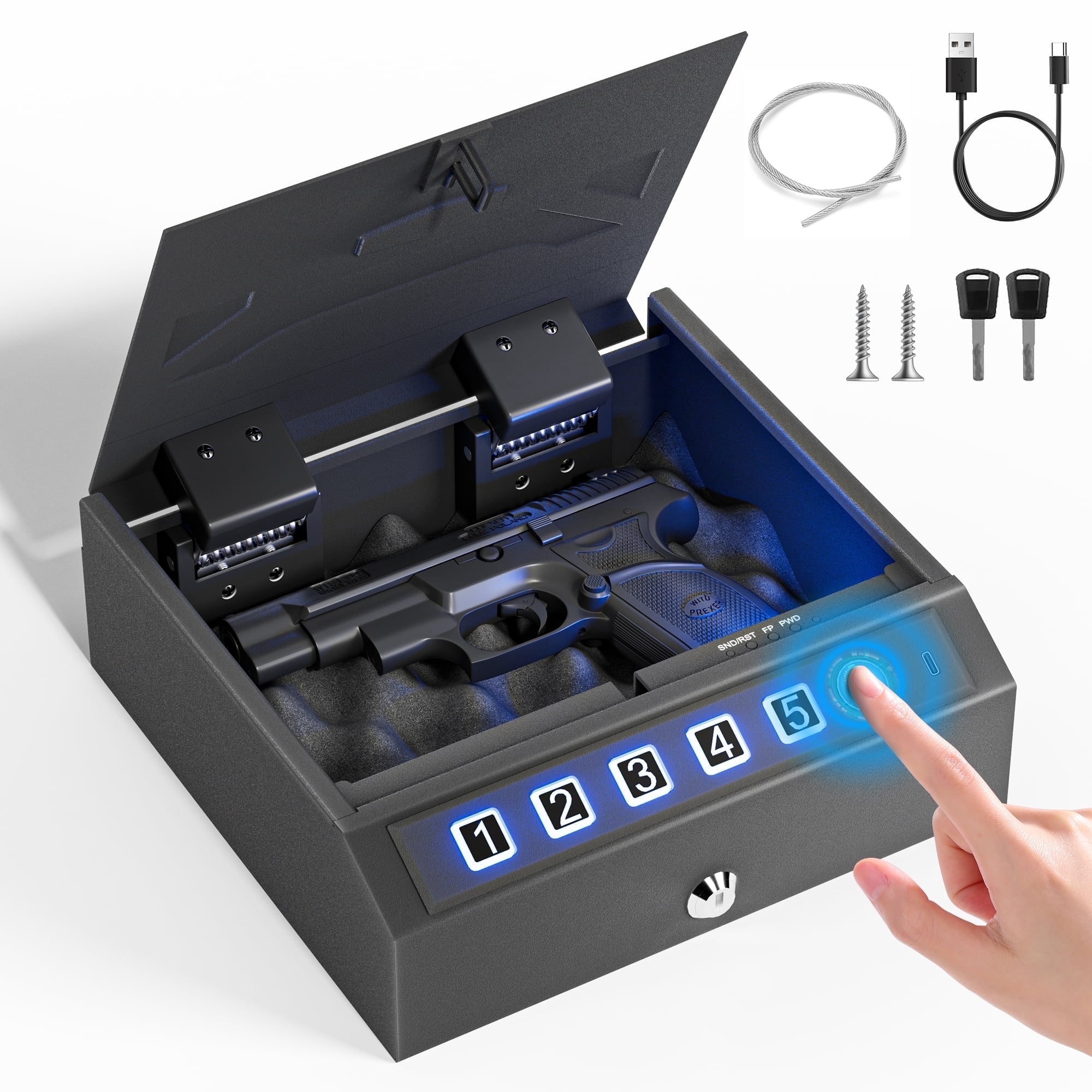 Mukat Biometric Gun Safe for Pistols with Fingerprint Keypad Key Unlock Quick Access Pistol Handgun Safes Alloy Steel Construction Security Gun Lock Box for Home Car Nightstand