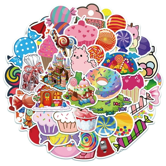 Mukay 50Pcs Candy Stickers Pack, Waterproof Cute Cool Teens Funny Theme for Party Favors Gifts, Personalized Your Own MacBook, Laptop, Guitar, Luggage, Skateboard, Car