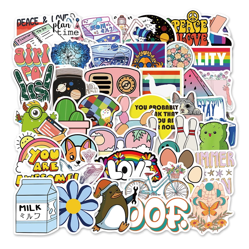 Mukay 50Pcs Cute Colorful Stickers Pack, Waterproof Cute Cool Teens Funny Theme for Party Favors Gifts, Personalized Your Own MacBook, Laptop, Guitar, Luggage, Skateboard, Car
