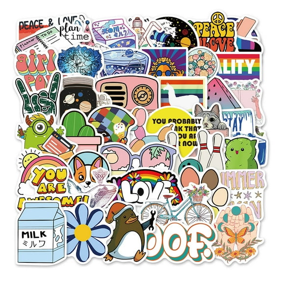 Mukay 50Pcs Cute Colorful Stickers Pack, Waterproof Cute Cool Teens Funny Theme for Party Favors Gifts, Personalized Your Own MacBook, Laptop, Guitar, Luggage, Skateboard, Car