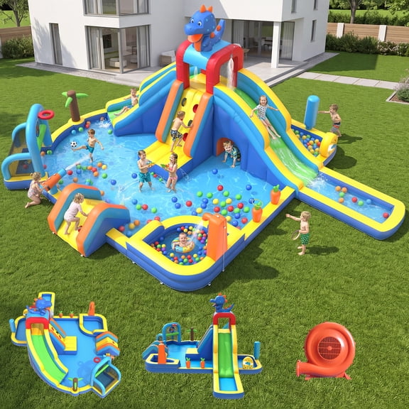 Mukidy 10 in 1 Inflatable Water Slide Kids Bounce House with Splash Pool & Water Gun & Basketball & Climbing Wall & Dual Pools & Soccer,750W Air Blower