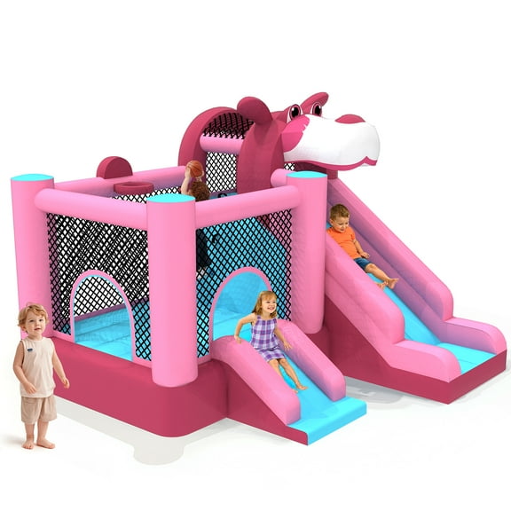 Mukidy 114''x 114'' x 92.5'' Inflatable Bounce Houses for Kids 3-10 with Blower Double Slide and Ball Pit/Indoor Bouncy House, PVC, Child, Teen, Toddler,Pink