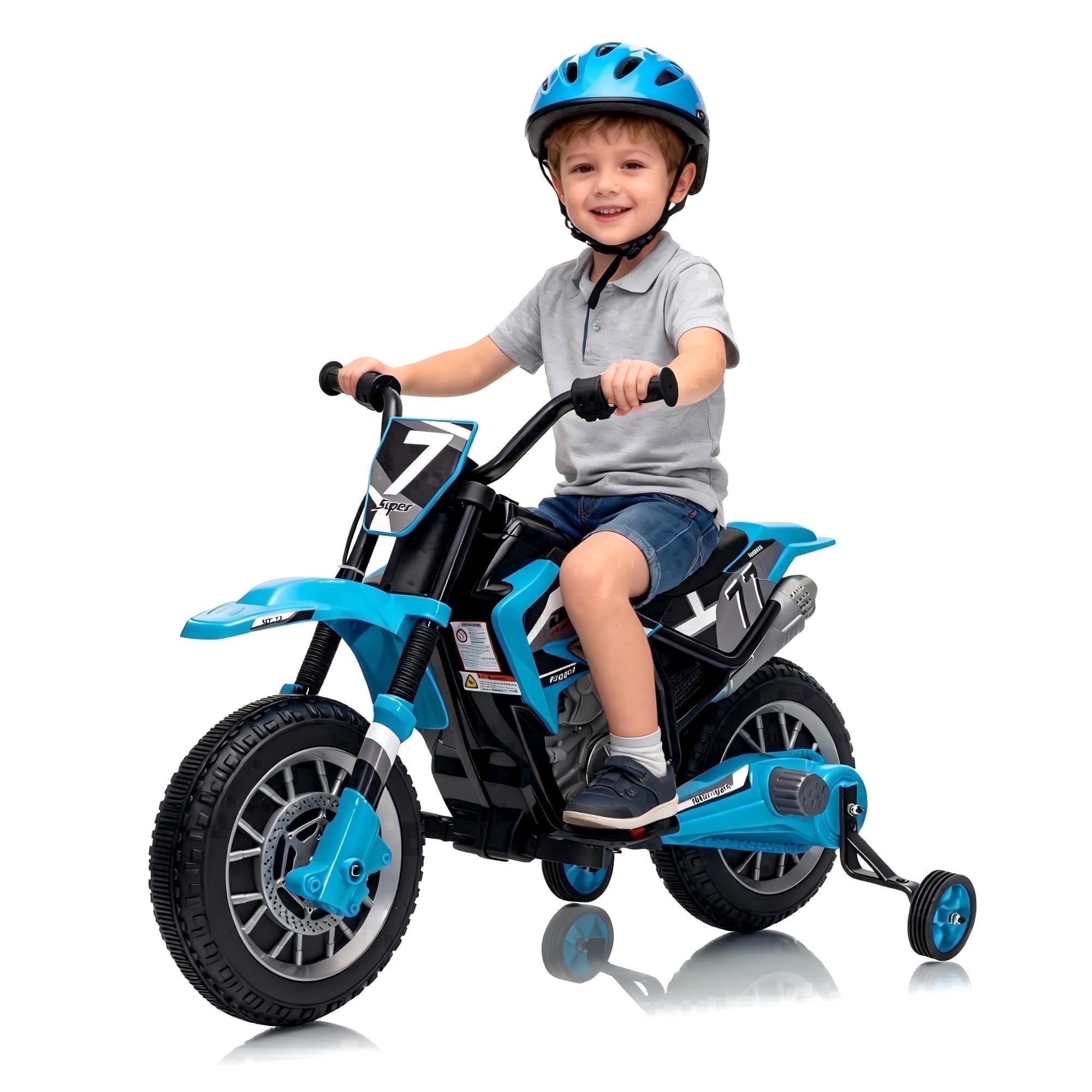 Mukidy 12V Electric Motorcycle for Kids Dirt Bike Ride on Toy Battery Powered Motorbike w/ Training Wheels, Age 3-8 Year Old, Blue