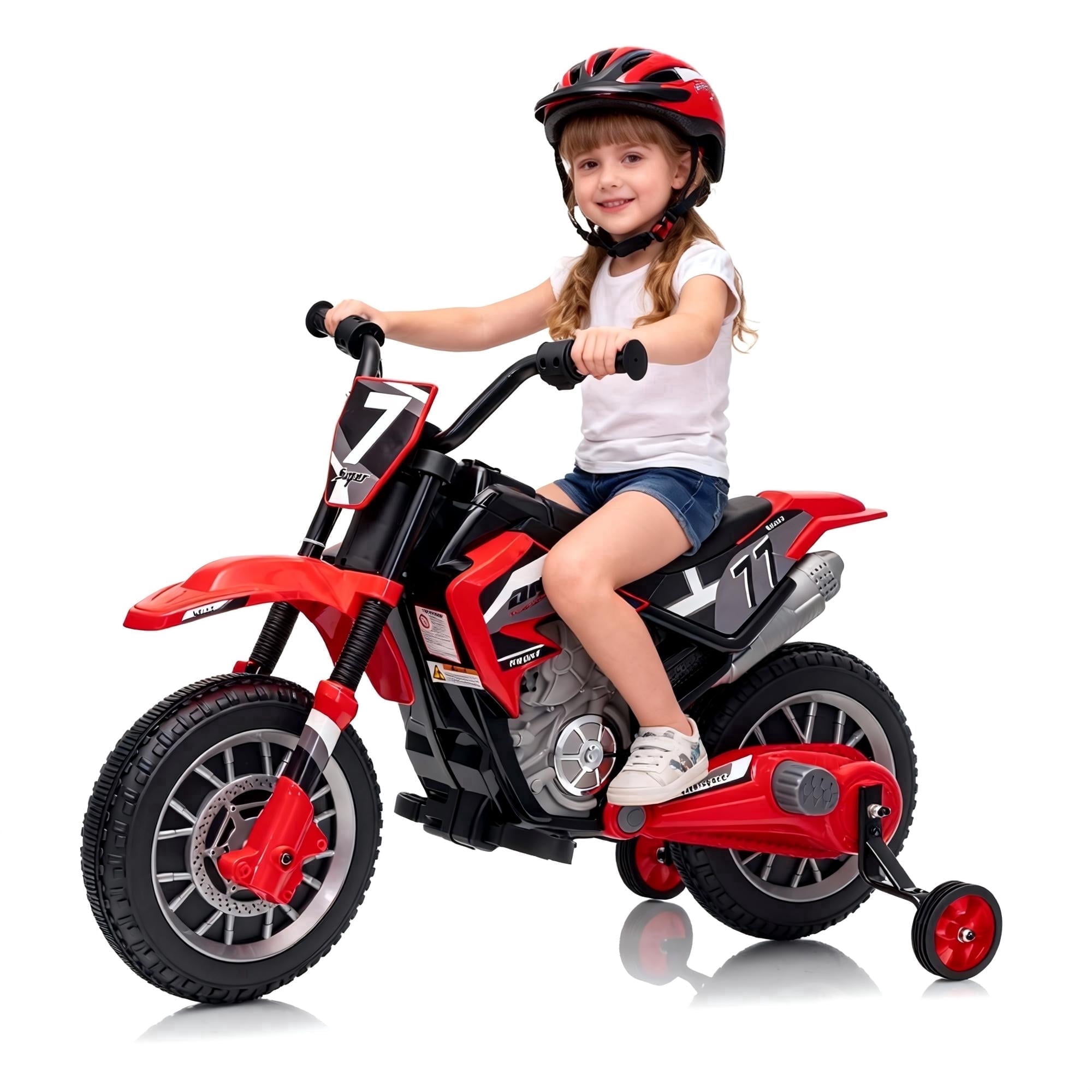 Mukidy 12V Electric Motorcycle for Kids Dirt Bike Ride on Toy Battery Powered Off-Road Motorbike w/ Training Wheels, Age 3-8 Year Old, Red