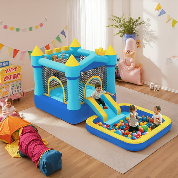 Mukidy 145''x 75'' x 73'' Inflatable Bounce Houses for Kids 3-8 with Blower Ball Pit and Large Pool Outdoor/Indoor Bouncy House, PVC, Child, Teen, Toddler,Blue