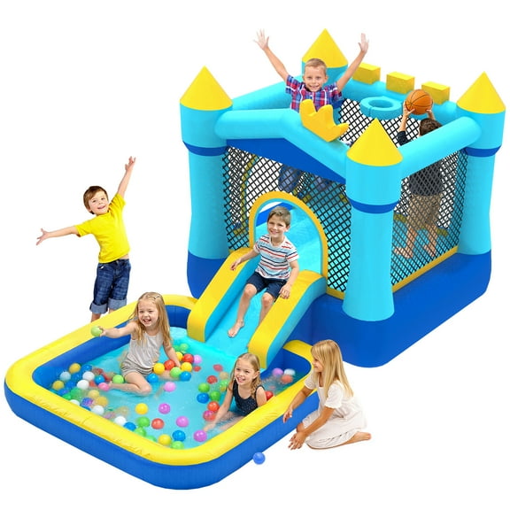 Mukidy 145''x 75'' x 73'' Inflatable Bounce Houses for Kids 3-8 with Blower Ball Pit and Large Pool Outdoor/Indoor Bouncy House, PVC, Child, Teen, Toddler，Blue