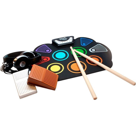 MukikiM Rock and Roll It CodeDrum. Flexible and Portable Color Coded Drum Kit. Instructional Play-by-Color Booklet included! Great for Kid to Adults. Drumsticks, Pedals, and Headphones Included.