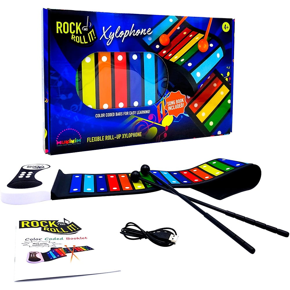 MUKIKIM Rock & Roll It – Rainbow Xylophone. Portable & Flexible Standard Size Electronic Pad with 22 Color Coded Bars & Song Booklet. USB or Battery Powered, Built-in Speaker & Audio Output Support