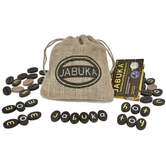 MukikiM: Jabuka - Twisting Letter Word Game, Alphabet Puzzle, Coffee Bean Shaped Wood Pieces, Portable Cloth Bag Storage, Family Ages 8+, 2-8 Players