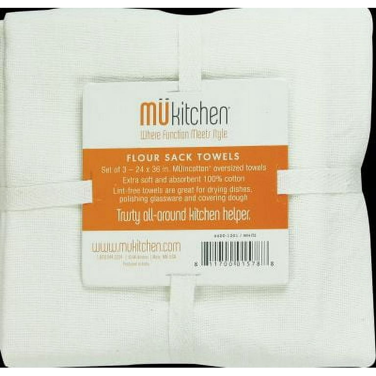 Mukitchen Sack Towels, Flour, White - 3 towels