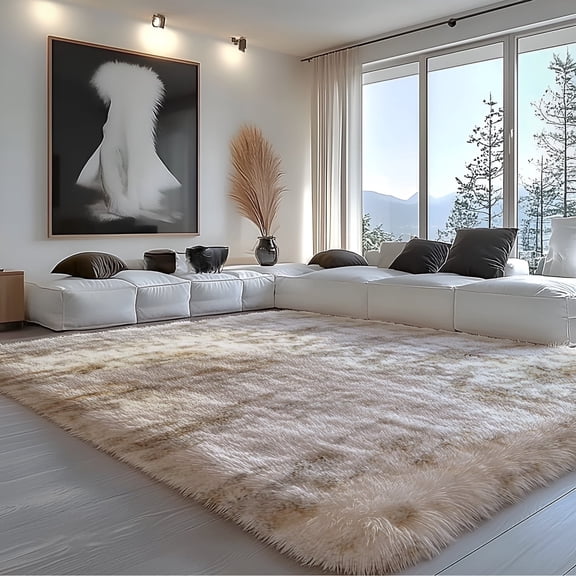 Pentantan 5’ x 8’ Shag Area Rugs, Soft Fluffy Indoor Carpet for Living Room Bedroom Decor, Tie-dyed Camel