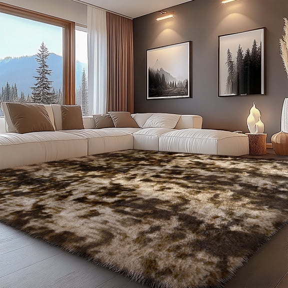 Pentantan 9’ x 12’ Shag Area Rugs, Soft Fluffy Indoor Carpet for Living Room Bedroom Decor, Tie-dyed Coffee