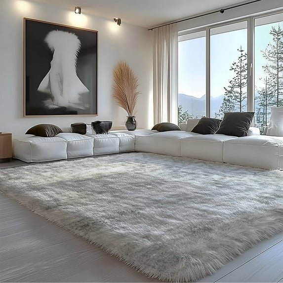 Pentantan 8’ x 10’ Shag Area Rugs, Soft Fluffy Indoor Carpet for Living Room Bedroom Decor, Tie-dyed Light Gray