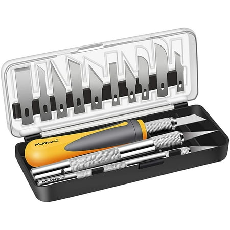 MulWark 16pc Precision Craft Hobby Exacto Knife Set Kit, Sharp Scalpel Razor Xacto Knives Tool for Art, Architecture Modeling, Scrapbooking Felt&Wood&Leather Working-Stencil, Scoring, Chiseling Blades