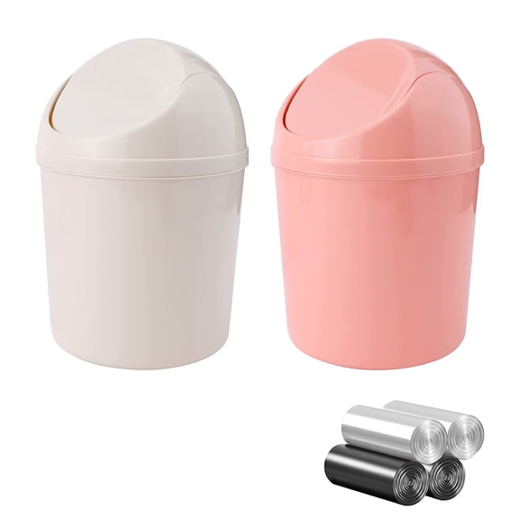Mulaibdin2 Pack 1.52L Plastic Mini Trash Can with Swing Lid, Includes 120 Count Trash Bags, Portable & Convenient Desktop Waste Bin, Eco-Friendly Garbage Container for Home, Kitchen, (Pink & Beige)