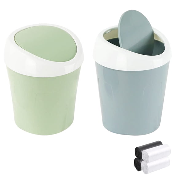 Mulaibdin2 Pcs Mini Plastic Trash Can with Swing Lid & 120 Trash Bags, Blue & Green Small Desktop Wastebasket, Large Capacity Tiny Garbage Bin for Home, Office, Kitchen,, Bedroom, Vanity Tabletop