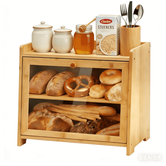 Mulaibdin2-Tier Bamboo Bread Box with Clear Window, Multi-Functional Kitchen Countertop Storage Organizer for Bread, Spices, Tableware, Sturdy Eco-Friendly Food Holder for Pantry, Cabinet, Cupboard
