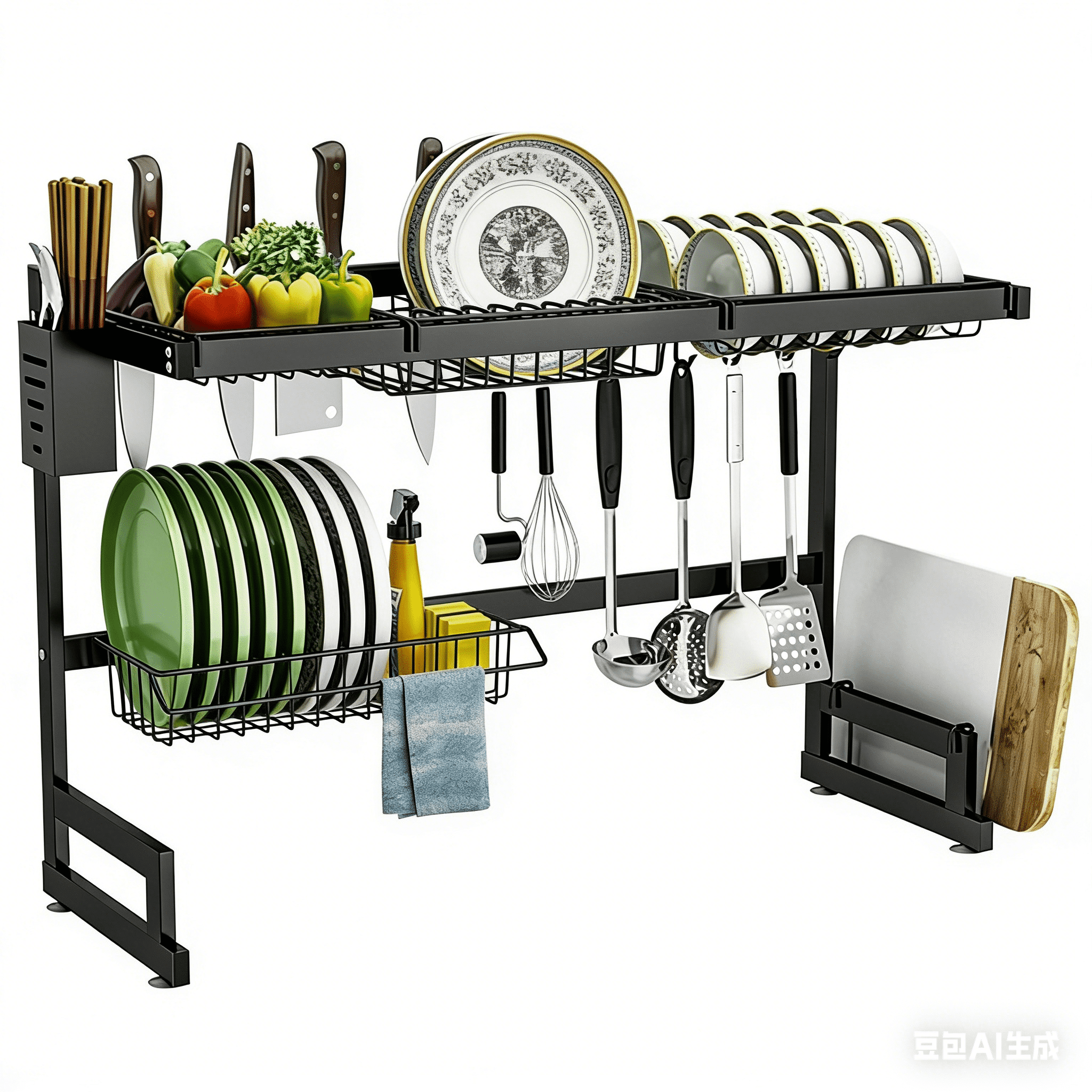 【Mulaibdin】2-Tier High-Capacity Stainless Steel Over-the-Sink Dish Rack, Efficient Dish Washing & Drying Organizer for Kitchen Storage