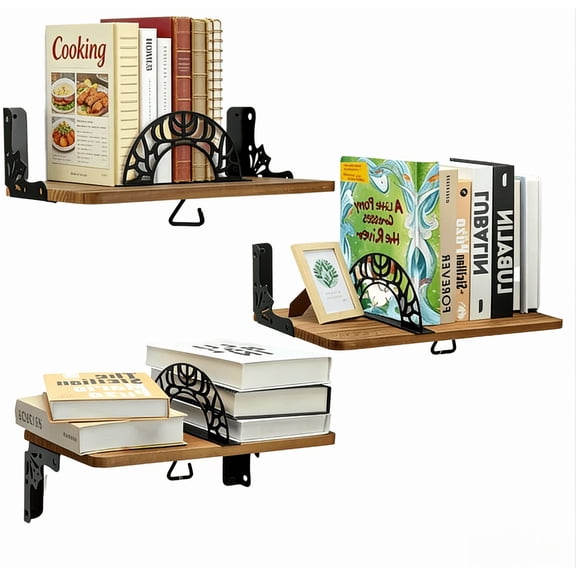 Mulaibdin3Pcs Rustic Wood Floating Shelves with Bookends & Hooks, Adjustable Wall Mounted, Easy Install, Heavy Duty Storage for Books Plants, Anti-Tipping for Bedroom Nursery Office Bathroom