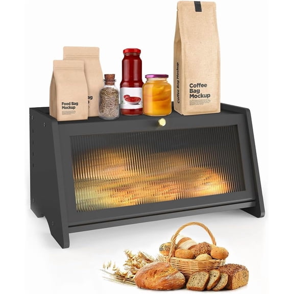 MulaibdinBamboo Bread Box for Kitchen Countertop, Large Capacity Bread Storage Container with Clear Window, Stylish Black Bread Bin & Countertop Organizer