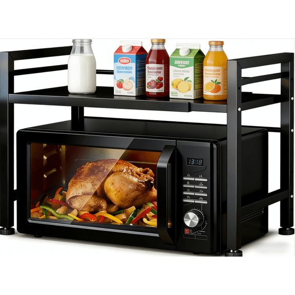 MulaibdinExtra Large Expandable Microwave Oven Rack, Carbon Steel Adjustable Countertop Shelf with 3 Hooks for Efficient Kitchen Storage
