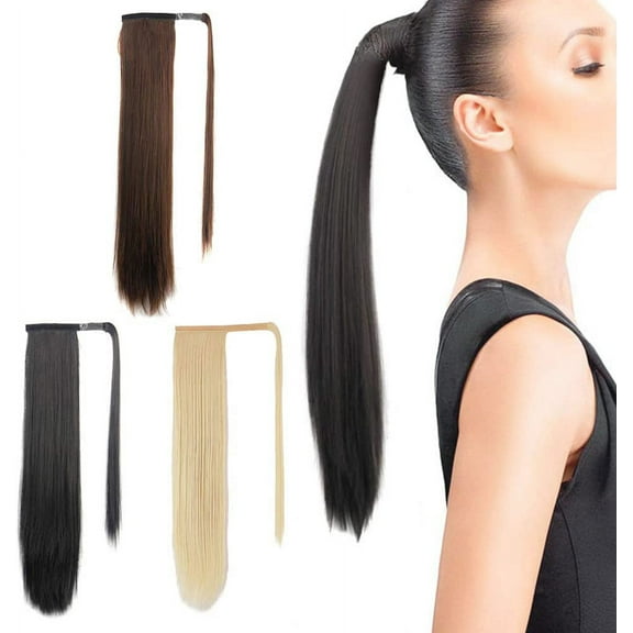 Mulaibdin Long Straight Ponytail Extension 24 Inch Tape in Hair Extension Wrap Around Long Pony Tail Extension Synthetic Heat-Resisting Hairpiece for Women (Medium Brown)