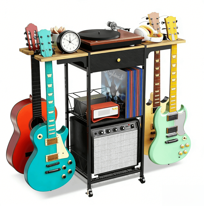 【Mulaibdin】Portable 3-Tier Rolling Guitar Stand with Amp Stand & Drawer, Spacious Organizer for Music Room, Bedroom & Living Room