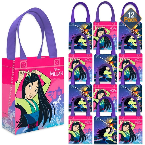 Mulan Party Favor Bags Set 12 Pack 8" Disney Goodie Bags for Kids Bulk Reusable Mini Totes | Disney Mulan Birthday Party Supplies