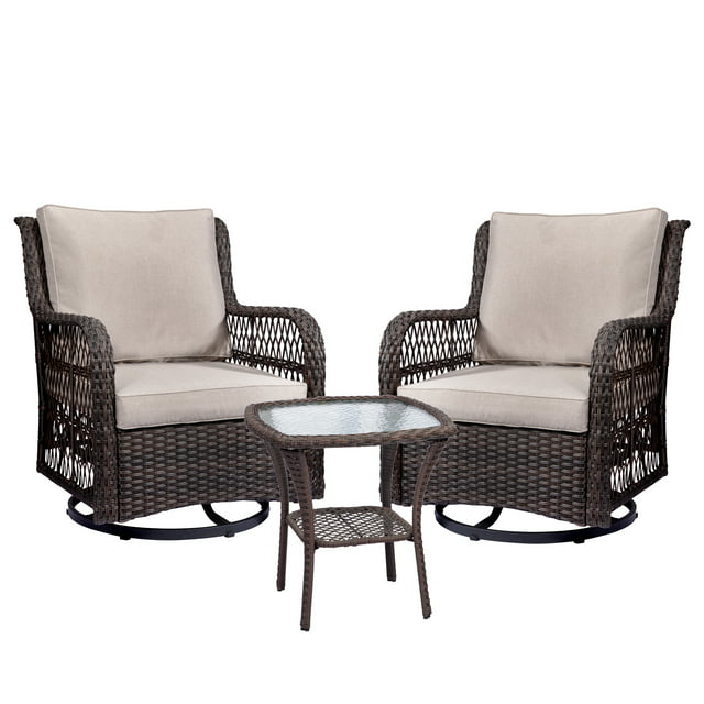 Mulanimo 3 Pieces Patio Set Outdoor Wicker Patio Furniture Sets Modern Bistro Set, Conversation Set Rattan Chairs Set of 2 with Coffee Table for Backyard, Beige