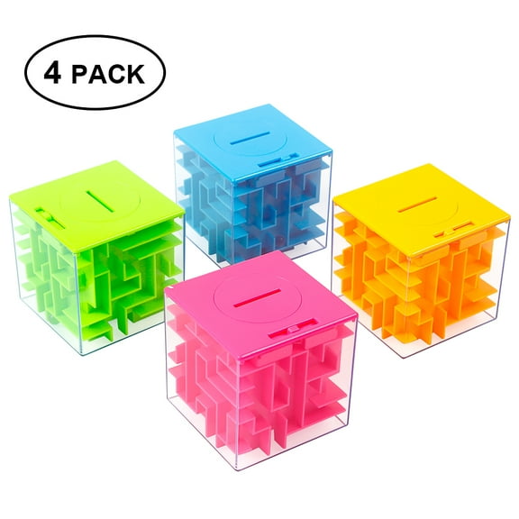Mulanimo 4 Pack Money Maze Puzzle Box, Money Holder, Coin Collection Cube Saving Bank Case, Brain Teaser Games for All Ages, Blue + Green + Pink + Orange