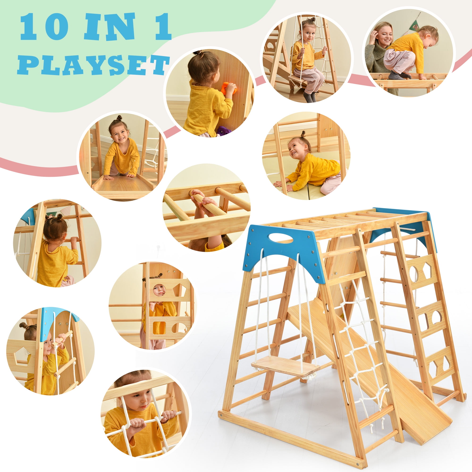 Mulanimo Wooden Indoor Kids Playground Jungle Gym with Slide, Toddlers Wooden Climber 8in1