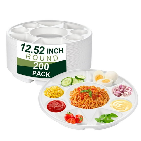 Mulaxen Plates with Dividers 9 Compartment Divided Plates Round Serving Plate Heavy Duty Sugarcane Plate for Events Wedding Holidays Parties newcomer